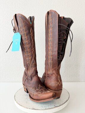 Lane LEXINGTON Knee High Cowboy Boots Cognac Brown Western Snip Toe Womens 8.5